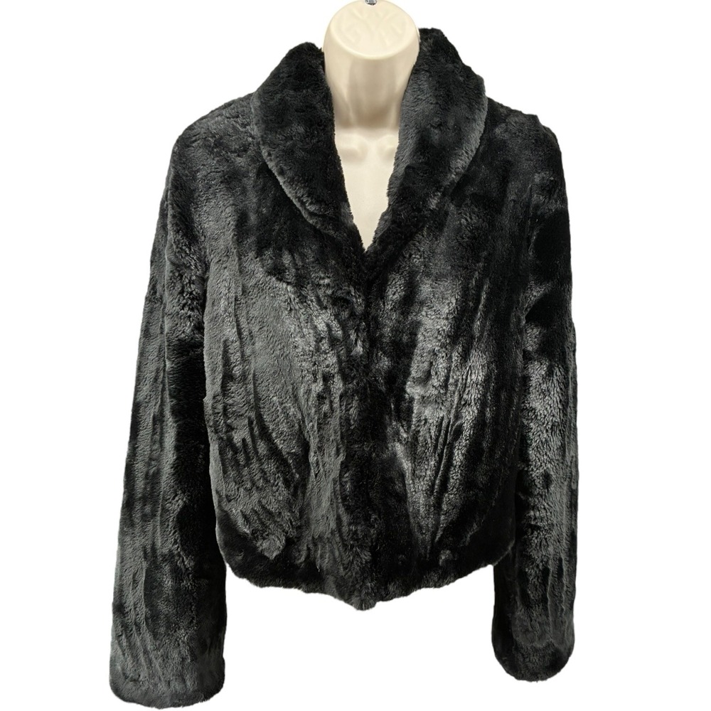 Velvet Black Faux Fur Cropped Jacket Glam Party Coat Hook‎ & Eye Sz M